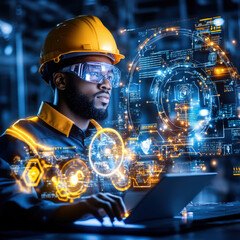 Innovative young man working on laptop with digital interface, wearing hard hat and safety glasses, immersed in technology and data analysis
