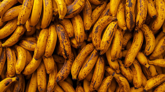 Detailed image of a large pile of ripe bananas with brown spots, showcasing natural texture and ripeness, ideal for food and health themes