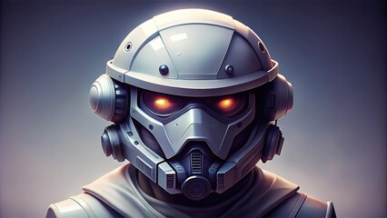 A Close-Up Portrait of a Futuristic Soldier Wearing a White Helmet with Glowing Eyes