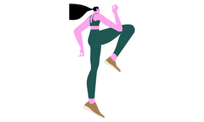 Fototapeta premium Female runner jogging. Active woman profile, running, exercising for cardio endurance. Healthy girl jogger workout, doing sport, training. Flat vector illustration isolated on white background