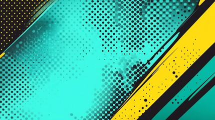 Abstract background with yellow and black diagonal lines on a turquoise halftone background.