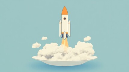 Rocket taking off from a plate with clouds, whimsical art. Surreal imagination and creativity concept