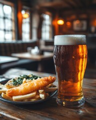 Pint of amber British Ale on rustic pub table with fish and chips, cozy English pub setting.

