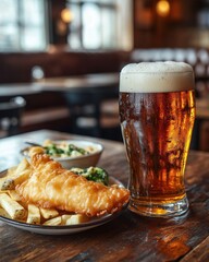 Pint of amber British Ale on rustic pub table with fish and chips, cozy English pub setting.

