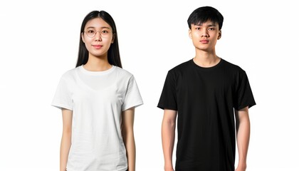 Diverse Duo: Asian Girl and Man Sporting Stylish T-shirts for Customization and Mock Up Advertising