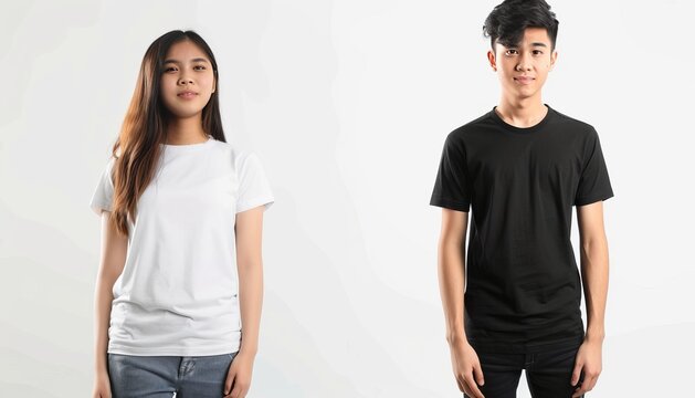 Diverse Duo: Asian woman and man showcase blank t-shirt mock-ups for advertising