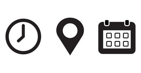 Address, date, time icon set .Event elements isolated on transparent background. calendar, location, clock. vector logos