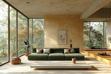 A spacious living room with large windows and a green sofa and table. A living room with a combination of Scandinavian interiors and mid century modern interiors. Generative AI
