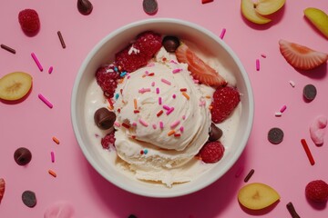 Fototapeta premium A creative flat lay of various ice cream toppings, including sprinkles, chocolate chips, and fruit, around a bowl of vanilla ice cream.