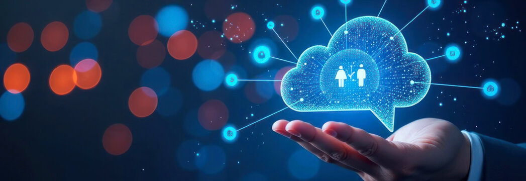 A hand holds a glowing cloud icon, illustrating technology and user interaction amid a colorful, vibrant background