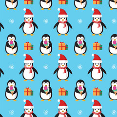 Seamless Christmas pattern with penguins, gifts and snowflakes on a blue background.