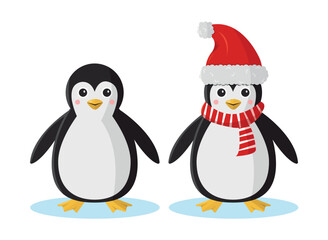Naklejka premium Two penguins on a white background. Penguin in a Christmas hat and scarf. Vector illustration.