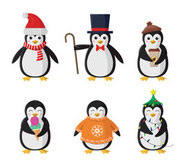 Penguin icon set. Cute collection of cartoon penguins in clothes or with objects. Vector.