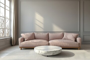 Minimalist, Scandinavian interiors in residential living rooms with light pink sofas and tables. Generative AI
