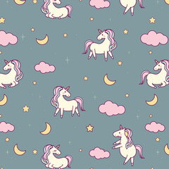 Cute Sweet Unicorn Head Seamless Pattern on pink background with stars