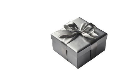 Silver gift box with silver ribbon, on white background, PNG, transparent, isolated, on transparent background, no background