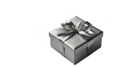 Silver gift box with silver ribbon, on white background, PNG, transparent, isolated, on transparent background, no background