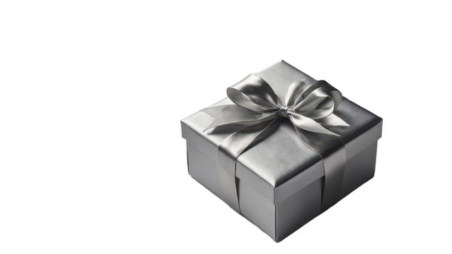 Silver gift box with silver ribbon, on white background, PNG, transparent, isolated, on transparent background, no background