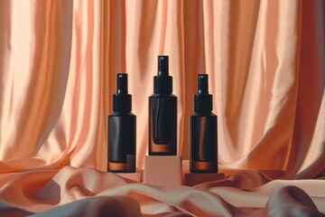 Stylish dark bottles of makeup and skin care on a softly draped peach fabric background, beautifully arranged for an inviting display