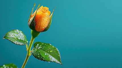 close up macro shot of vibrant orange rosebud with dewdrops, showcasing its delicate petals and lush green leaves against teal background. freshness and beauty of nature are captured beautifully