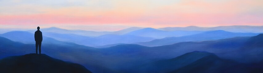 Fototapeta premium A silhouette of an individual standing on top of a mountain, overlooking vast landscapes at sunset