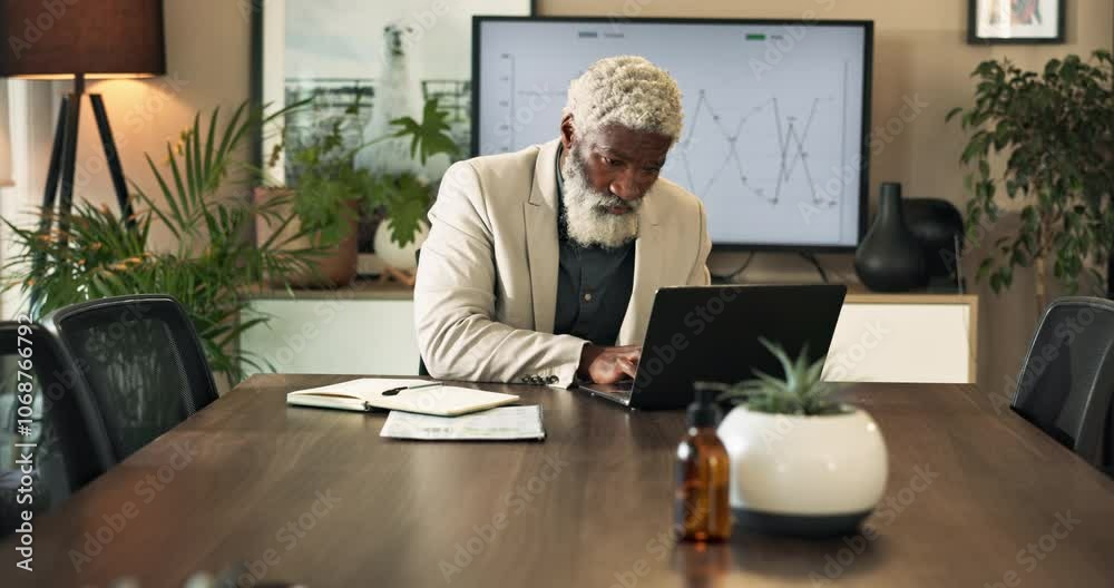 Poster typing, online and black man with laptop, office and graph for investment, thinking and planning. di