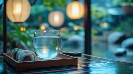 Obraz premium Warm glass of Japanese sake on wooden tray with sushi and sashimi in minimalist tea house with paper lanterns.
