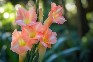 Fototapeta premium Peach gladiolus flowers are blooming on a blue background