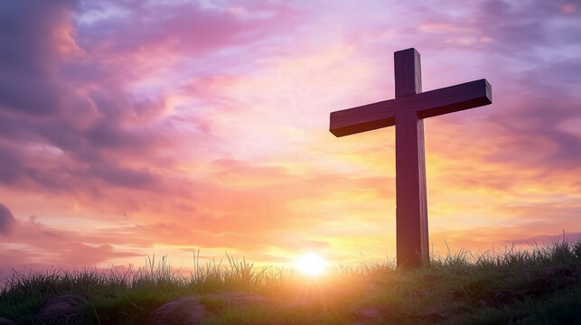 Close up from bottom view the cross on mountain in pastel sky twilight time.  The cross symbol for Jesus Christ. The crosses sign. Generative AI