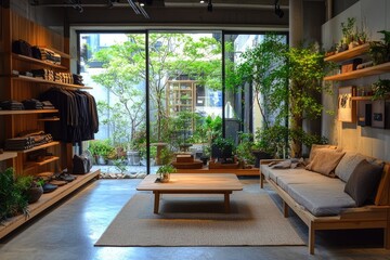 Fototapeta premium Wooden furniture complements lush greenery in a modern boutique, creating a tranquil ambiance