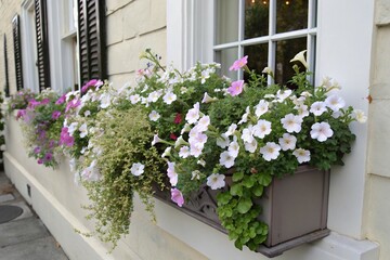 Fototapeta premium A window box planter filled with a vibrant climbing plant in shades of white and pastel colors, spilling over the edges, garden feature, window box planter, trellis design, flower arrangement