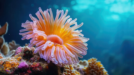 vibrant sea anemone swaying gracefully in ocean, showcasing its colorful tentacles and intricate details. This underwater scene captures beauty of marine life