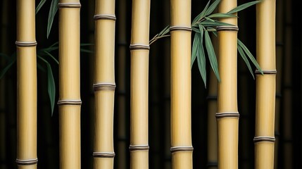 Close-up of vertical bamboo stalks with green leaves against a dark background, showcasing natural texture and patterns