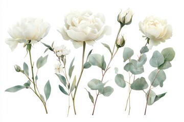Obraz premium set of botanical watercolor white peony flowers and greenery for printing on wedding invitations, fabric or paper