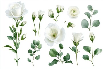 set of botanical watercolor white eustoma flowers and greenery for printing on wedding invitations, fabric or paper