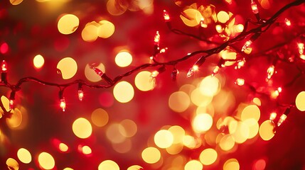 Golden and red Christmas lights twinkle against a blurry tree, creating a festive and vibrant backdrop. 
