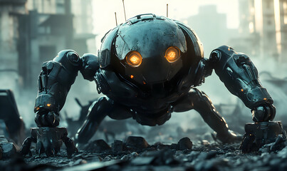Fototapeta premium A futuristic robotic creature with glowing eyes crawls through a destroyed urban environment.
