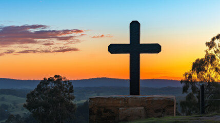 Close up the cross pinned on mountain sunset ambience in background.  The cross symbol for Jesus Christ. The crosses sign. Generative AI