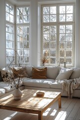 Minimalist, photos of Scandinavian interiors and midcentury modern interiors in residential living rooms with windows and sofas and tables. Generative AI
