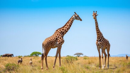 Obraz premium Three majestic giraffes roaming the iconic national park of Kenya, surrounded by lush greenery and under the African sun, nature, three, majestic