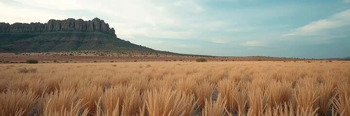 Distant view of a dry grass field stretching out to a horizon line where a rugged rocky outcropping meets the sky, vast landscape, wild nature, rocky outcropping