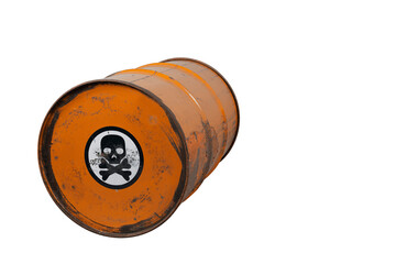 Barrel with toxic waste. Biohazard warning sign human skull with two crossed bones behind it. The...