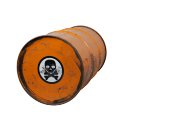 Barrel with toxic waste. Biohazard warning sign human skull with two crossed bones behind it. The symbol indicates that hazardous products death or poisoning. Rusty dangerous barrel with pathogens age
