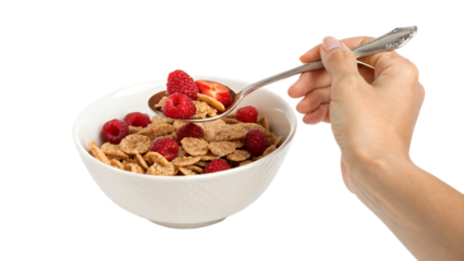 a hand holding a bowl with cereal