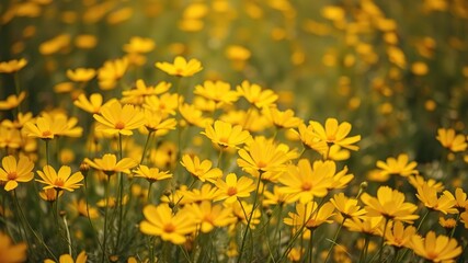 Fototapeta premium Field of golden cosmos flowers with a slight breeze, causing the delicate petals to sway gently, wildflowers, sunny day