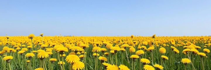 Fototapeta premium Field of vibrant yellow dandelions stretching into the distance under a clear blue sky, serene