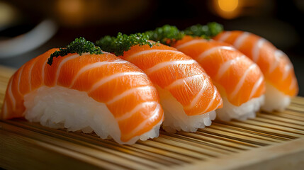 Salmon Sushi Nigiri on Wooden Plate - Realistic Food Photography