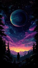 Fototapeta premium A Silhouette of a Person and Dog Admire a Cosmic Sky