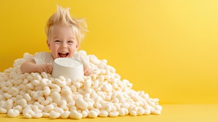 Toddler joyfully playing in a pile of packing peanuts against a bright yellow backdrop, AI