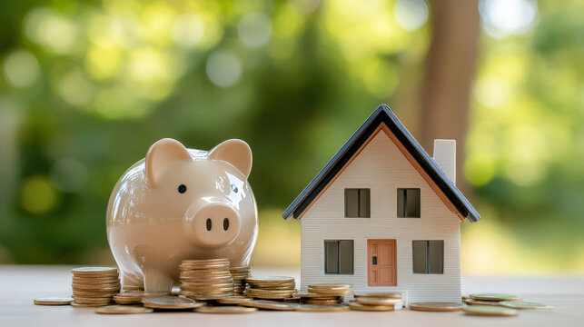Transparent piggy bank filled with coins beside miniature house, mortgage savings and loan interest 